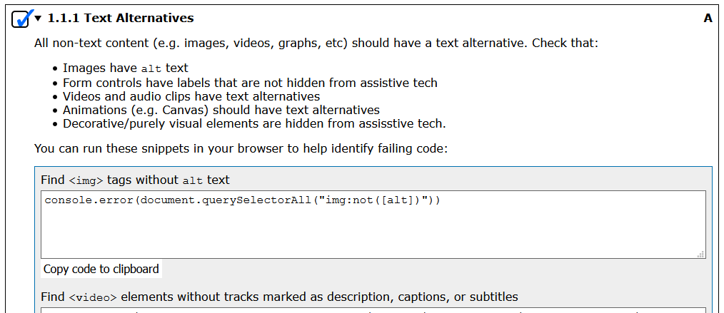 The Text Alternatives guideline in its expanded state showing a short list of non-text elements to check for text alternatives, as well as some code snippets that can be run to check content more easily