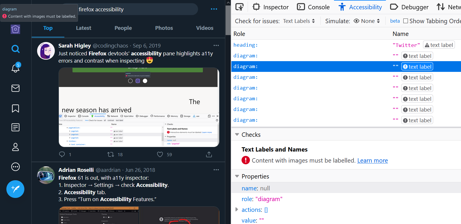 Twitters main navigation flagged as having images without labels
