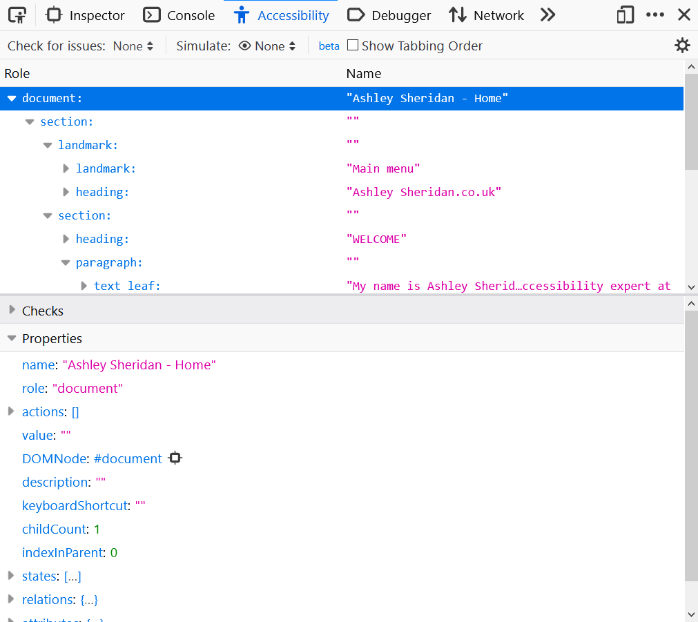The Firefox inspector showing the accessibility tree for my website with the document node highlighted and its properties shown in the bottom pane