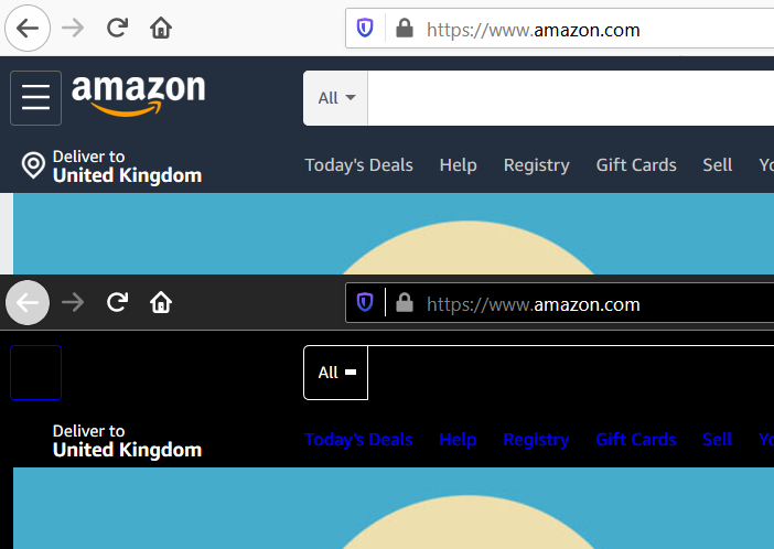 Amazons website in standard and high contrast mode showing a missing hamburger menu