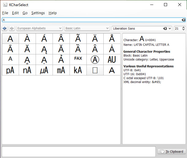KCharSelect showing variants of the capital letter A from a search