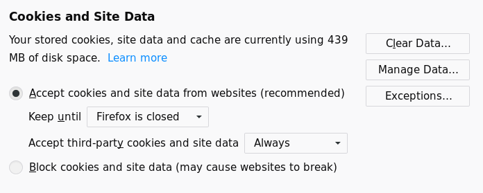 Firefox with an option to delete cookies on exiting the browser