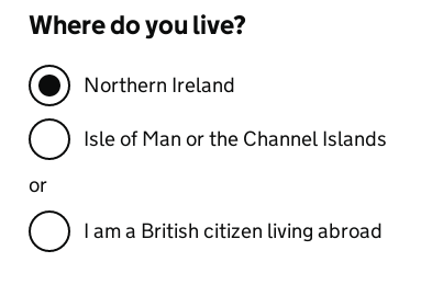 Example 'Where do you live?' radio button choices showing non-default styling to give a much larger hit area