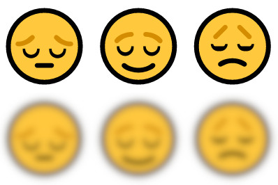 Pensive, relieved, and disappointed emoji before and after a blur effect is applied
