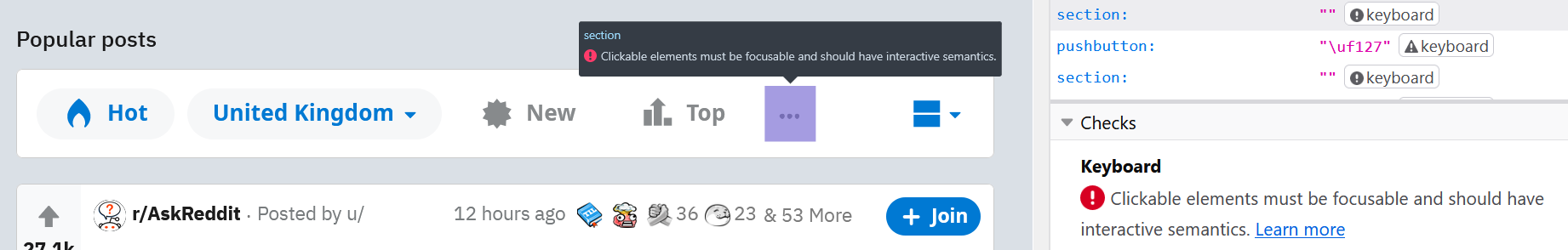 Keyboard accessibility check flagging Reddits homepage