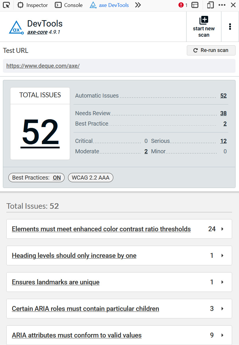 Axe browser plugin showing some issues found on the Axe website itself!