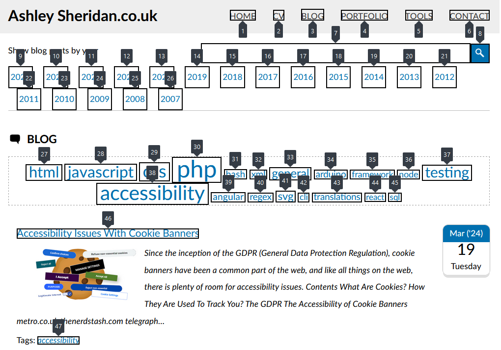 My blog list page showing the order that all links that can be tabbed to