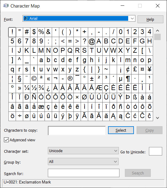 Windows Charmap showing the first ASCII characters in Arial