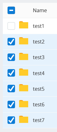 A list of files with all but one selected, and a control checkbox heading up the list showing the indeterminate state, neither checked or unchecked