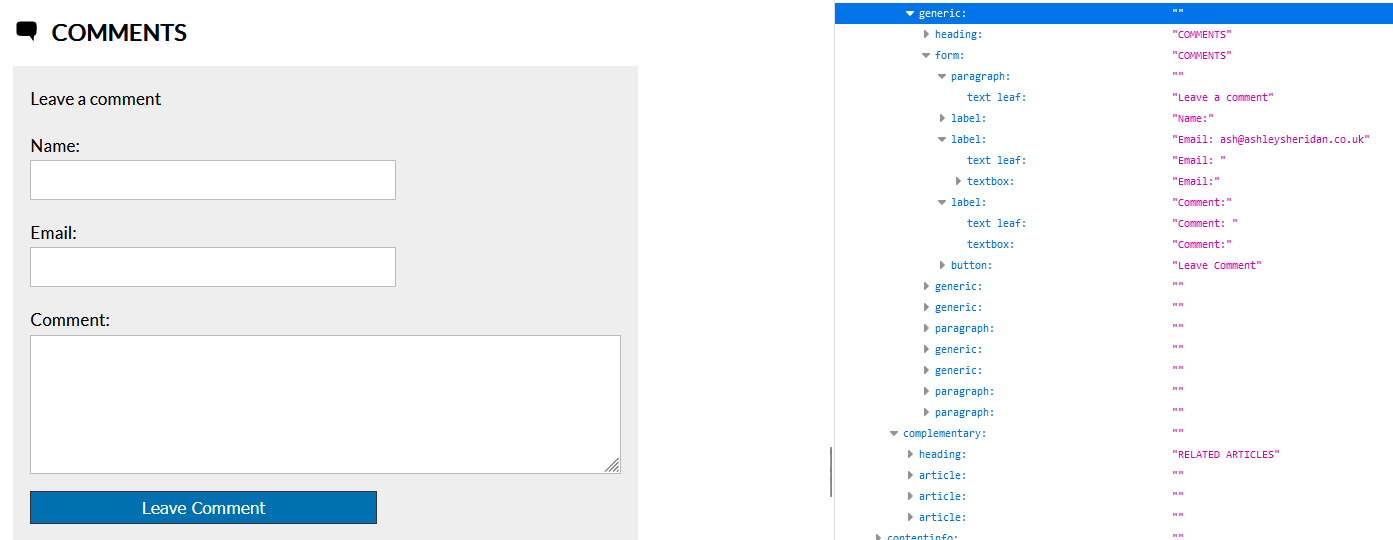 A comment form showing its associated accessibility tree in Firefox with distinct element types (roles) used for key elements in the form