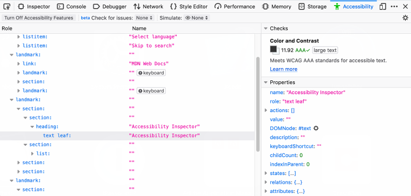 The Firefox Accessibility tab showing the accessibility tree in the left pane and checks and properties in the right pane