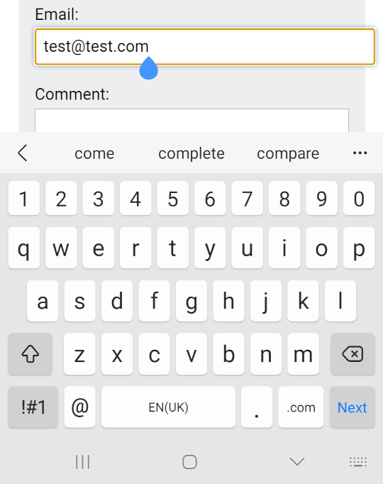 The Android keyboard shows an @ symbol next to the space for email fields, as well as a key for quickly entering .com